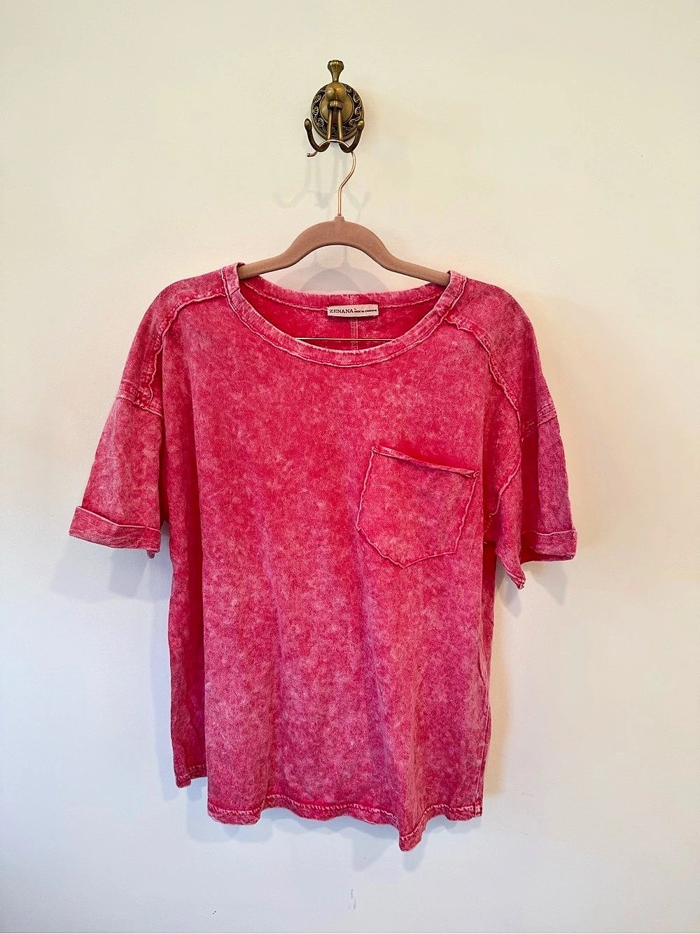 ZENANA Acid Wash Mineral Washed Short Sleeve Pocket T-Shirt Pink/Red